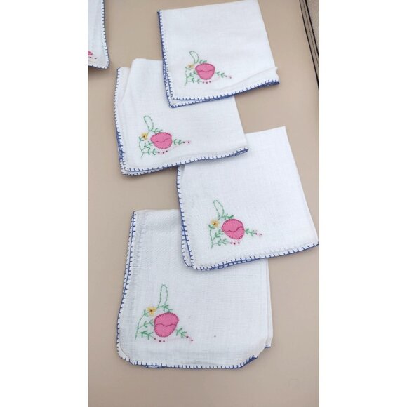 Vintage Hand-Embroidered Linen Napkins Handkerchief Floral Patterns Set Of 12 - Picture 10 of 14